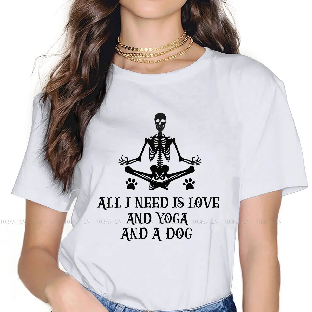 

Женская футболка из ткани с надписью «Skeleton», «Love And Yoga And A Dog», размеры 4XL