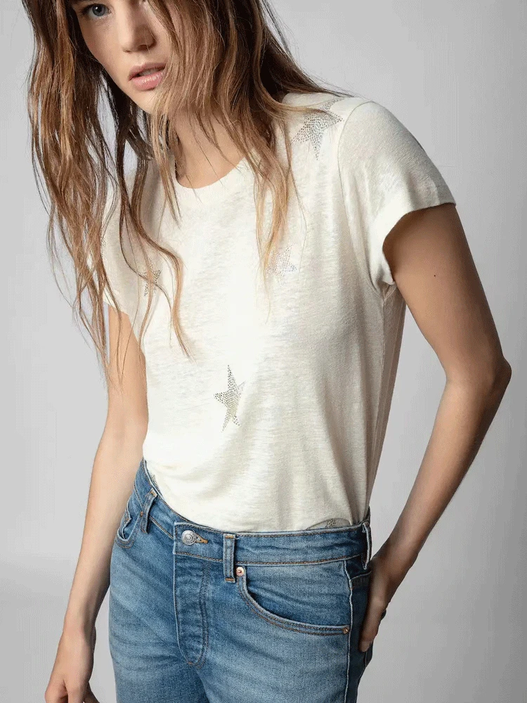 

Женские льняные футболки со звездами, топы с коротким рукавом и круглым вырезом для женщин, лето 2023