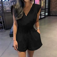 women solid overalls large size 3xl loose tunic summer romper 2021 sexy v neck backless sleeveless casual elastic short playsuit