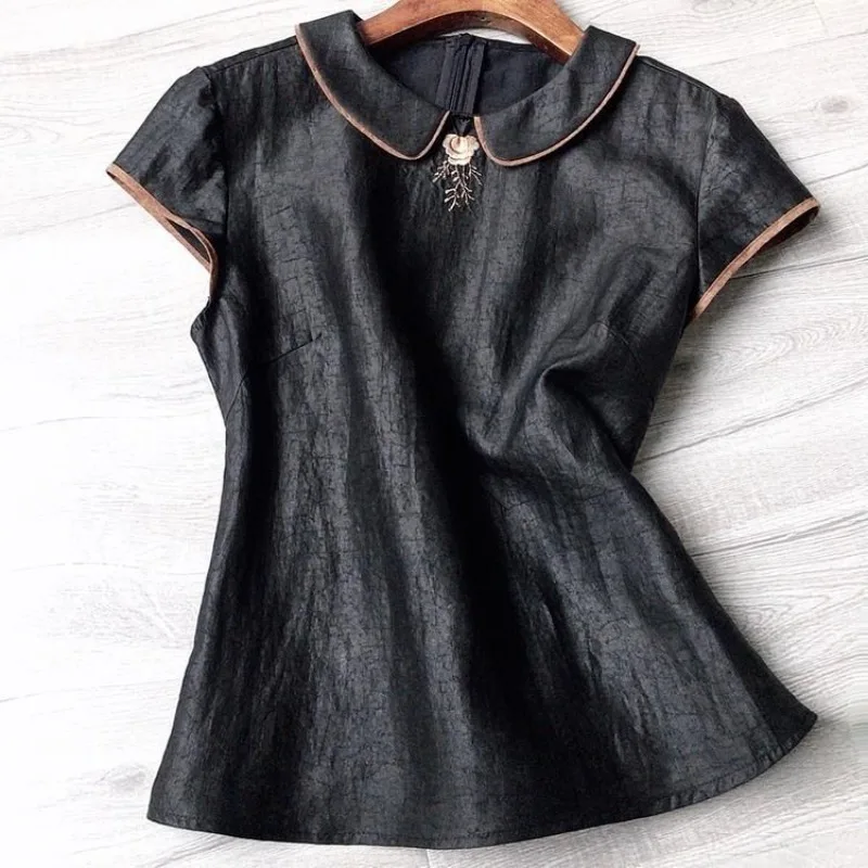 

Black Solid Women Blouse Summer Vintage 2023 Turtleneck Bow Sleeveless Slim Black Flower Embroidery Female Pulls Tops Tees