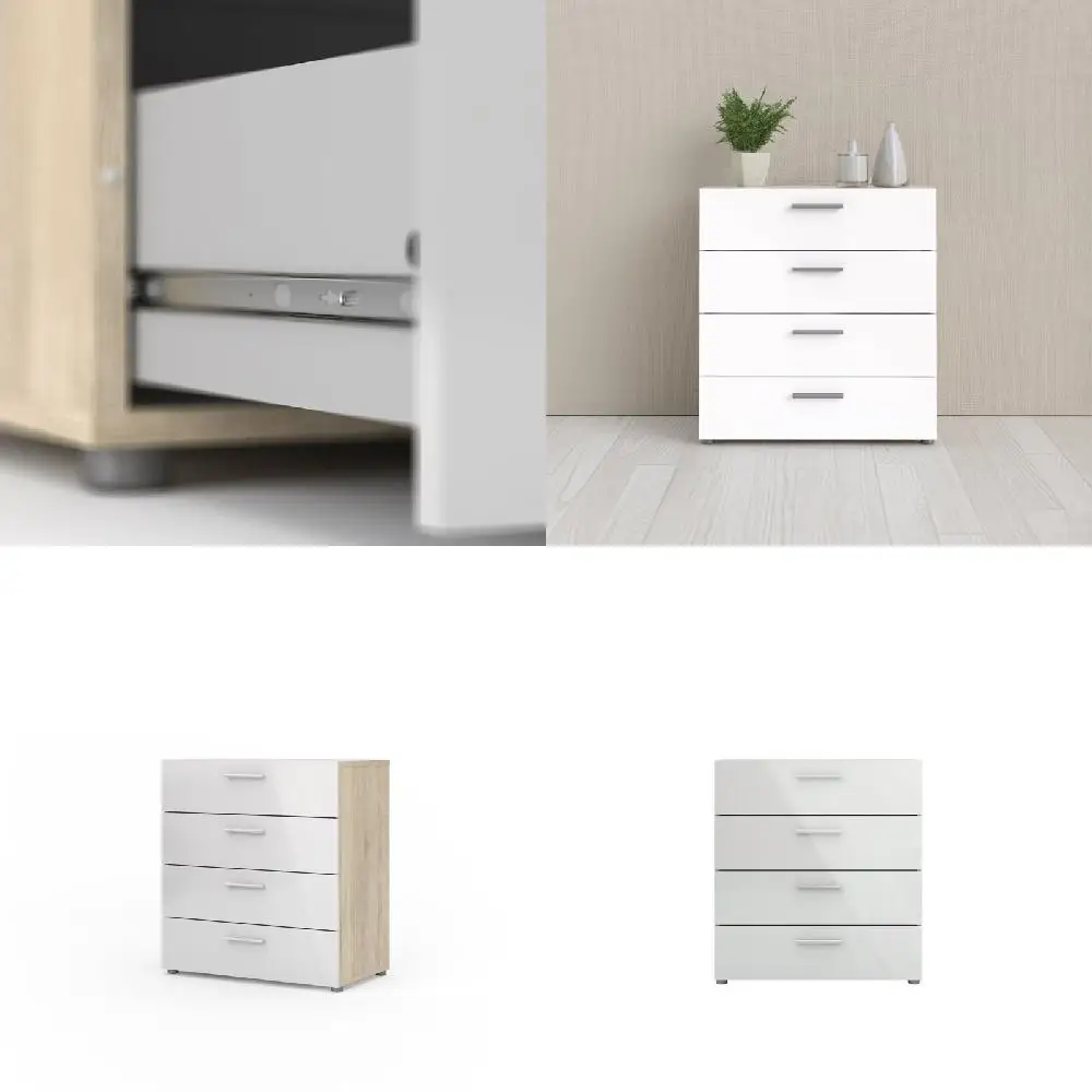 

Classy Home Storage Solution - Solid Oak Structure Finish Stylish 4 Drawer Chest with White High Gloss Finish.