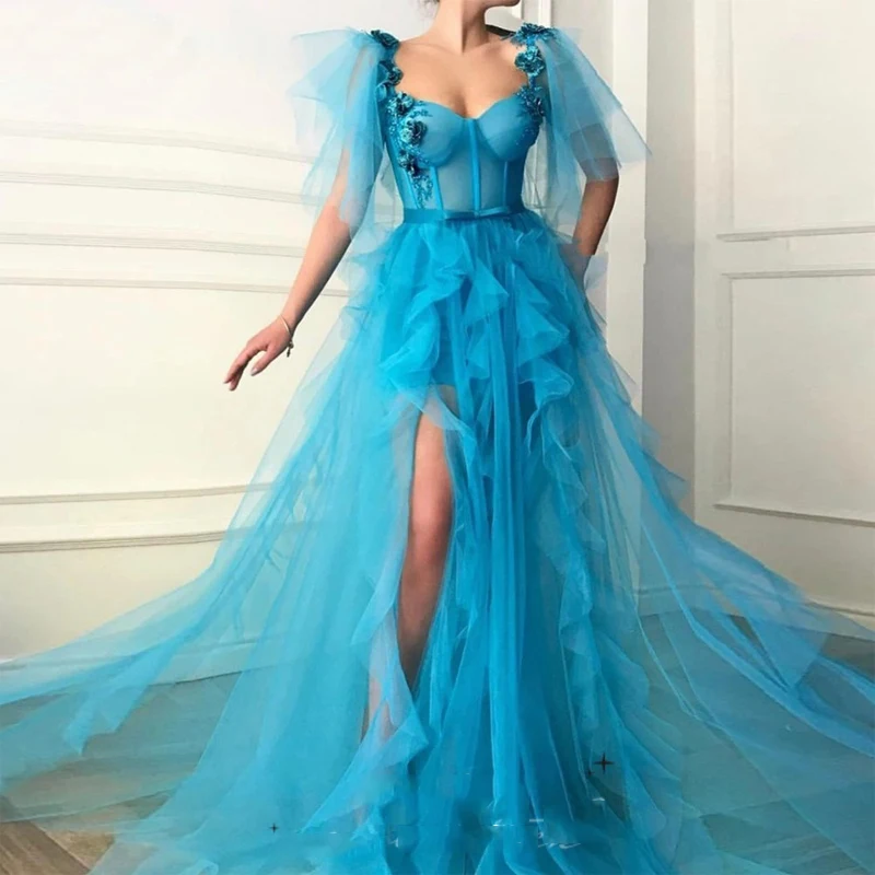 

2023 Blue Handmade A-line فستان سهرة Princess Puffy Sleeve Evening Dress Sweetheart Multilayer Prom Dresses فساتين مناسبة رسمية