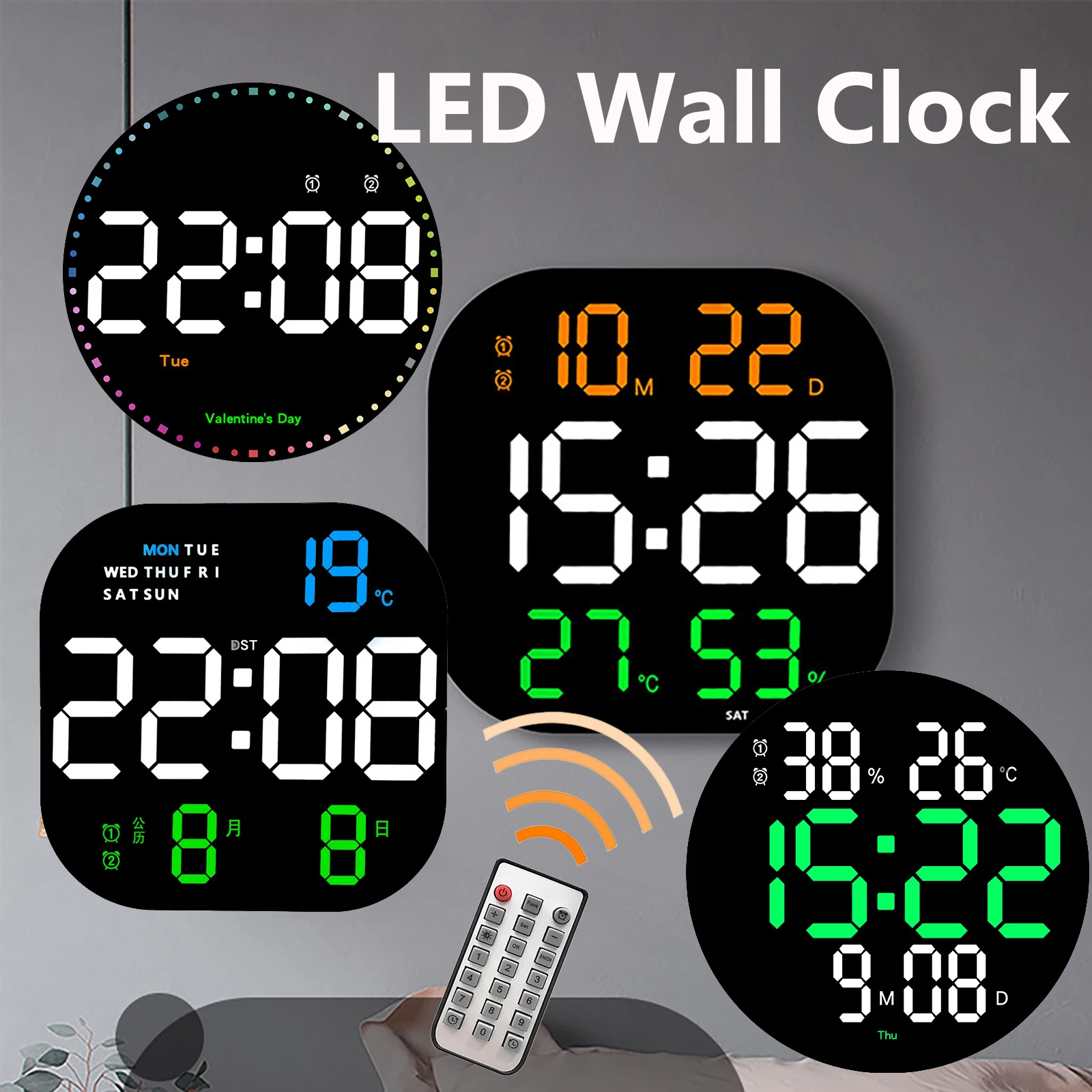 LED Digital Wall Clock Large Screen Temperature Date Day Dis