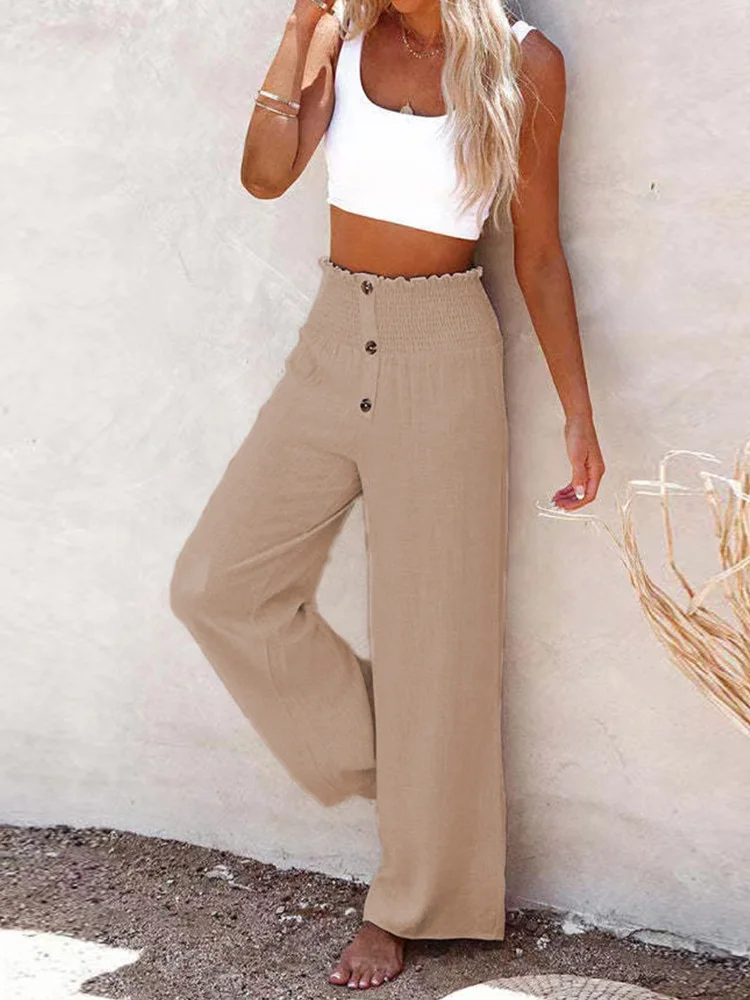 New Women Trousers Solid Summer Cotton Linen Loose Loungewear Button Ladies Wide Leg Pants Elastic Waist Streetwear