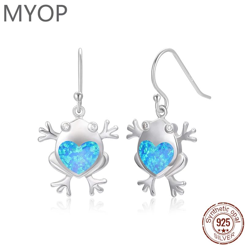 

MYOP 925 Silver Gift Artificial Blue OPAL Animal Frog Ear Hook, Stylish Temperature Attitude Occasions