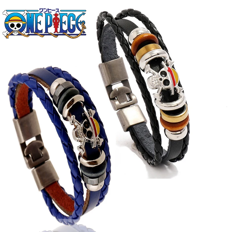 

One Piece Luffy Pirate Bracelet Cartoon Action Figure Toy Straw Hat Punk Black Leather Braided Bracelet Cosplay Accessories Gift