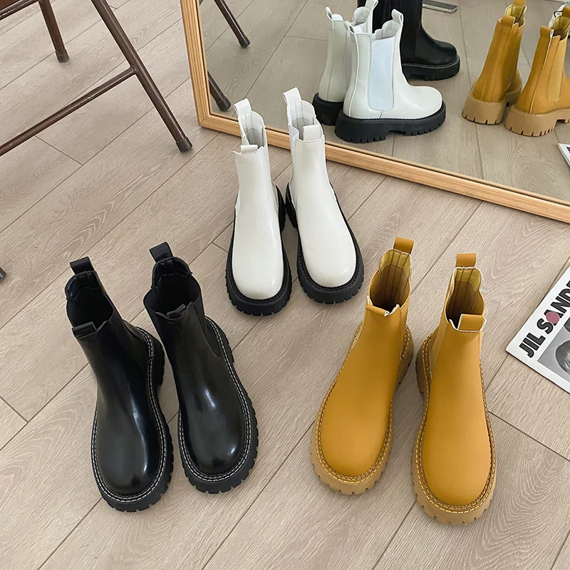 

White Ankle Boots Women Shoes Autumn Round Toe Clogs Platform Boots-Women Low Lolita Rock Rubber Ladies 2022 Med Lace-Up Solid