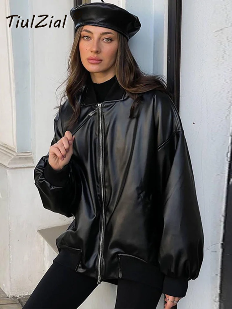 

Мотоциклетная байкерская куртка TiulZial, винтажная Женская одежда, 2022 искусственная кожа, свободная повседневная куртка большого размера в ст...