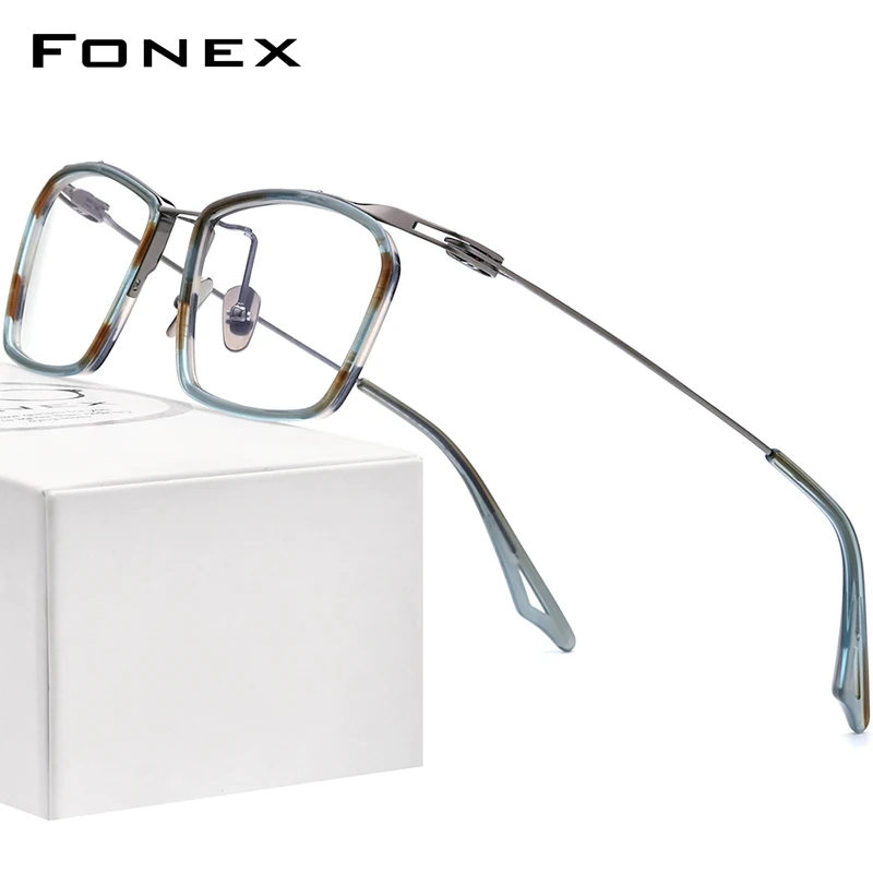 FONEX Acetate Titanium Glasses Frame Men 2022 Vintage Oversize Square Prescription Eyeglasses Women Spectacles Eyewear ACT-two