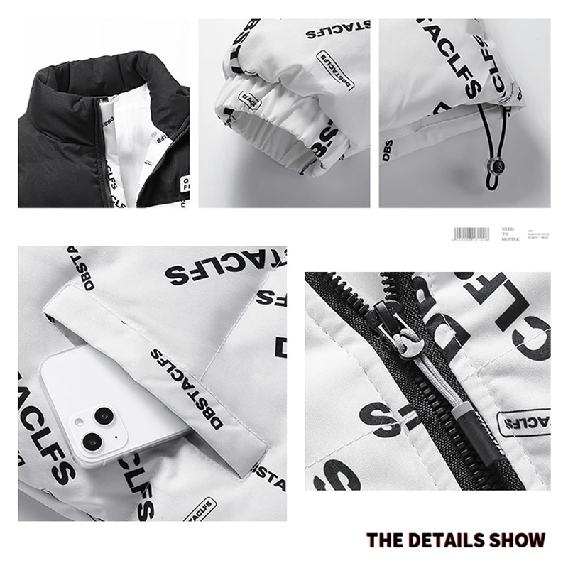 Mens Thick Puffer Jacket Korean Fashion Trends Patchwork Streetwear Teenage Warm Bubble Coats Winter Letter Print Casual Parkas