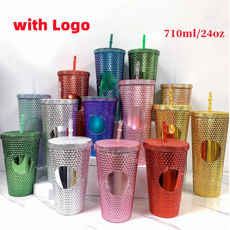 

710ml Straw Cup With Lid With Logo Coffee Cup Diamond Radiant Coffee Mugs Ombre Sipper Tumbler Studded Cold Bling Cup Drinkware