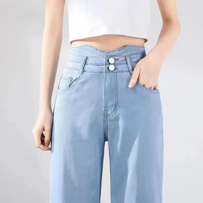 New Straight Jeans Women Summer Ice Silk Blue Denim High Waist Stretch Fashion Pocket Trousers Solid Color Wide Leg Washed Jean