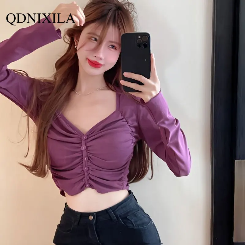 

Top Women Purple Pleated Long Sleeve Top V-neck T-shirt Tops for Women 2023 Spice Girl Tight Short Top Bottoming Women's T-shirt
