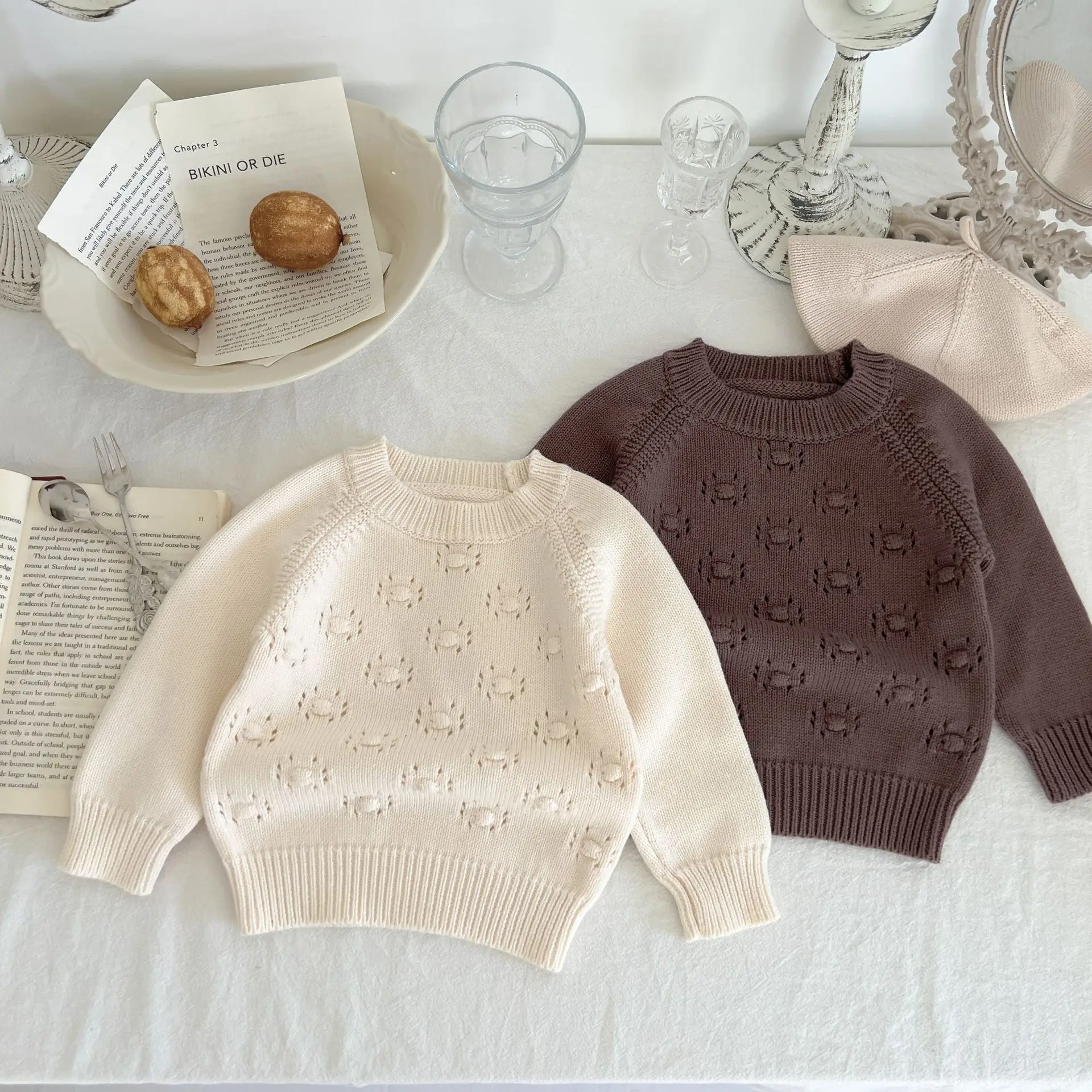 

2022 Autumn New Children Girl Retro Knitted Pullover Sweater Girl Baby Sweet Long Sleeve Tops Coat Kid Cotton Pure Color Sweater