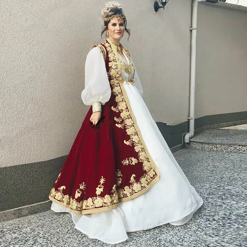 

Velvet Traditional Kosovo Albanian Caftan evening Dress with burgndy jacket Long Sleeves Lace Applique prom Gown Robe De Mariee