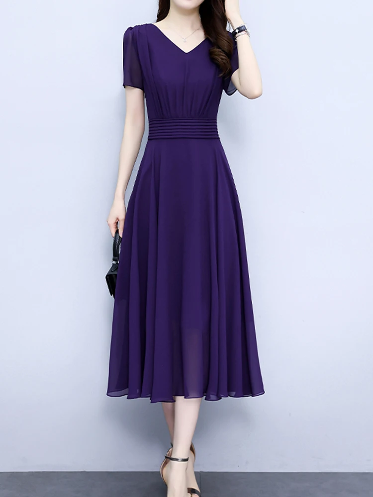 

Chiffon Summer Casual Long Dresses For Women 2023 Korean Purple Boho Elegant Floral Short Sleeve Black Party Evening Midi Dress
