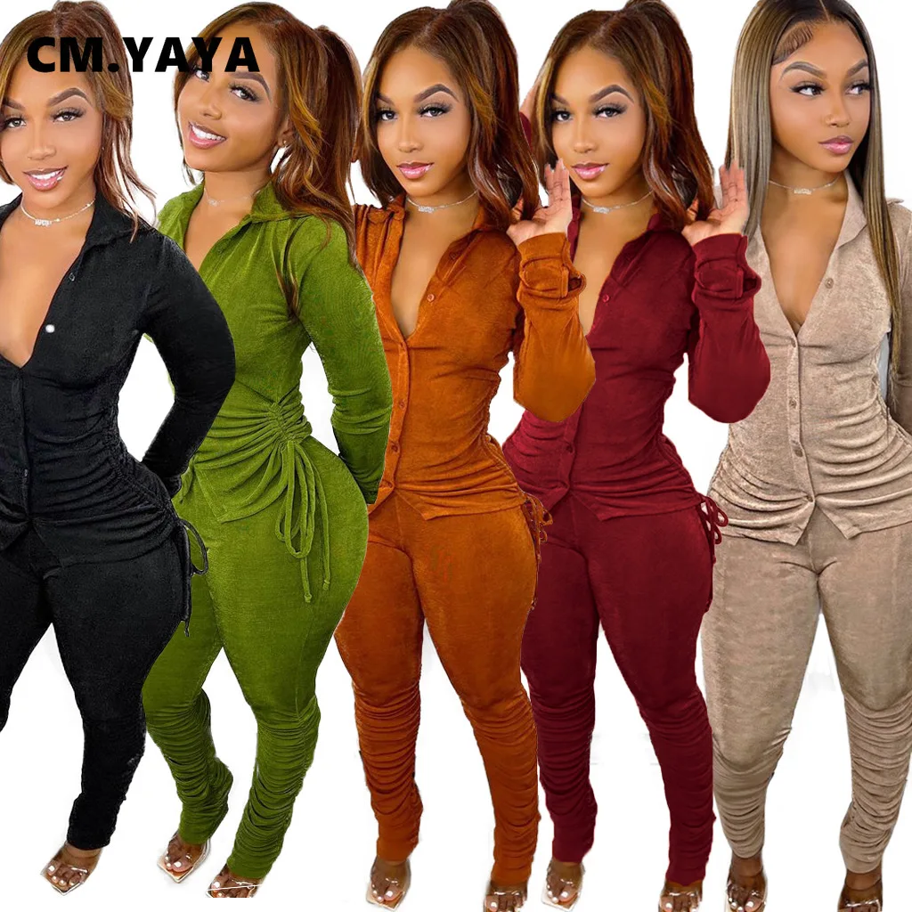 

Элегантный женский комплект CM.YAYA, рубашка с рюшами и длинным рукавом сбоку и Многослойные брюки, спортивный костюм, комплект из двух предмет...