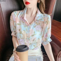 chiffon loose womens blouse new casual ink flower print polo shirt buttons summer fashion short sleeve top