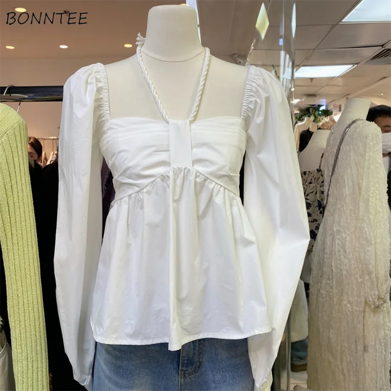 

Spring Blouses Women Square Collar French Gentle Stylish Vintage Sweet Pure Chic Backless Designed New Students All-match Casual