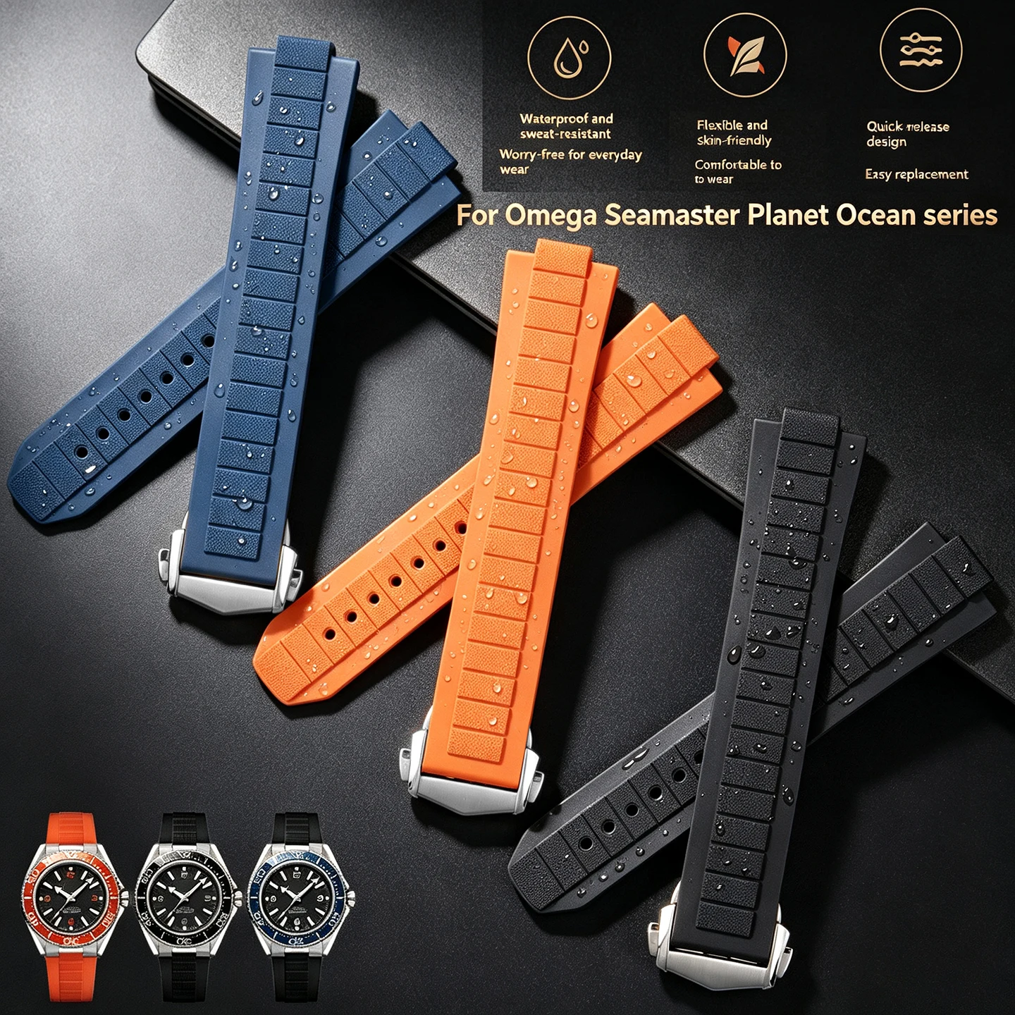 Фото Ремешок для часов из фторкаучука FKM 21 мм, подходит для Omega Seamaster Planet Ocean 600M 217.32.42 217.30, сменный мужской ремешок для часов №1