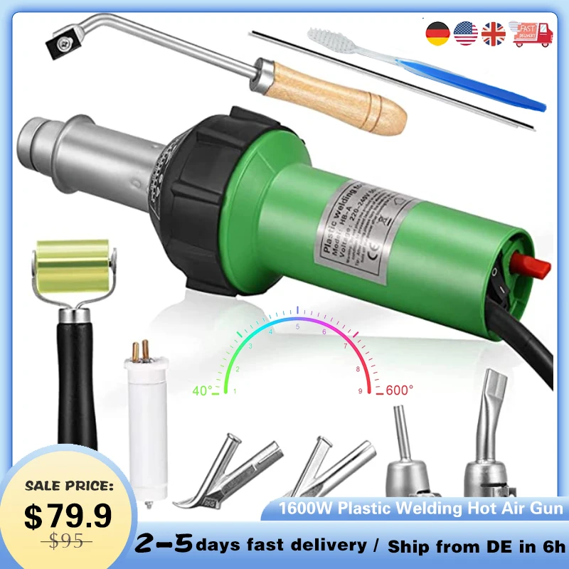 Пластиковый сварочный пистолет горячего воздуха, 1600 Вт ПЭ ПВХ сварочный пистолет горячего воздуха 40-600 ℃ 220 В бесшумный ≤ 65 дБ со сварочной скоростной роликовой палочкой EU STOCK