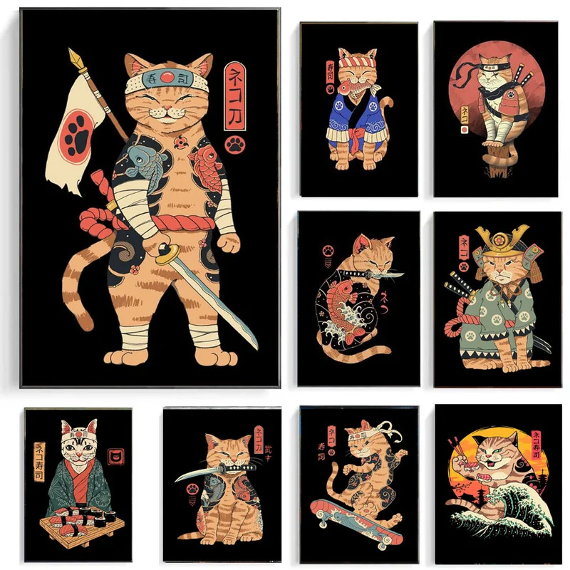 Абстрактная картина из мультфильма аниме животное на холсте японский самурай