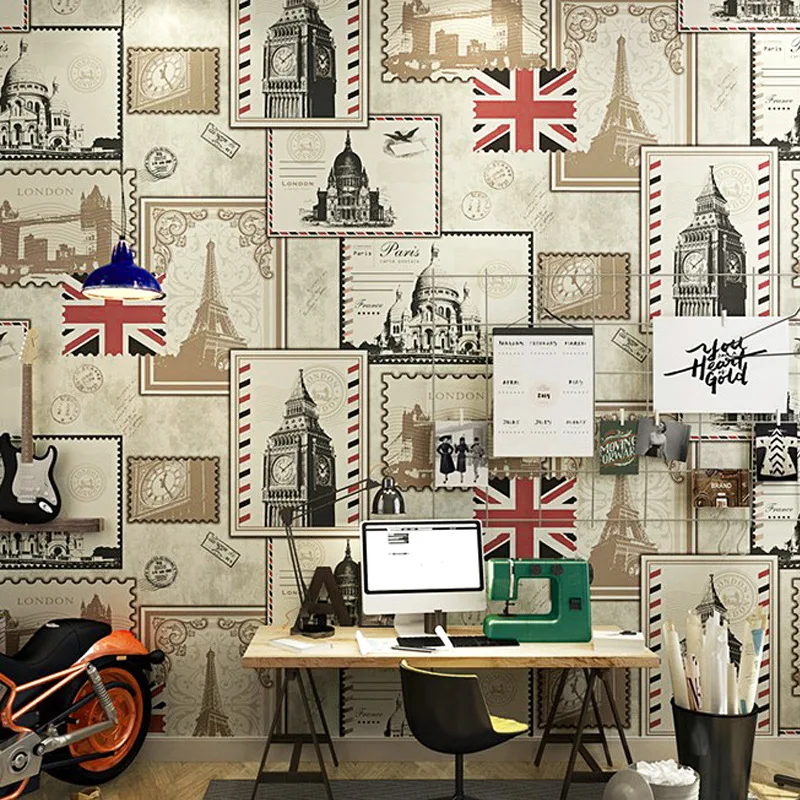 

British European-Style Ancient Architecture Restaurant Hotel Personalized Wallpaper Retro Nostalgic Stamps Flag Union Flag