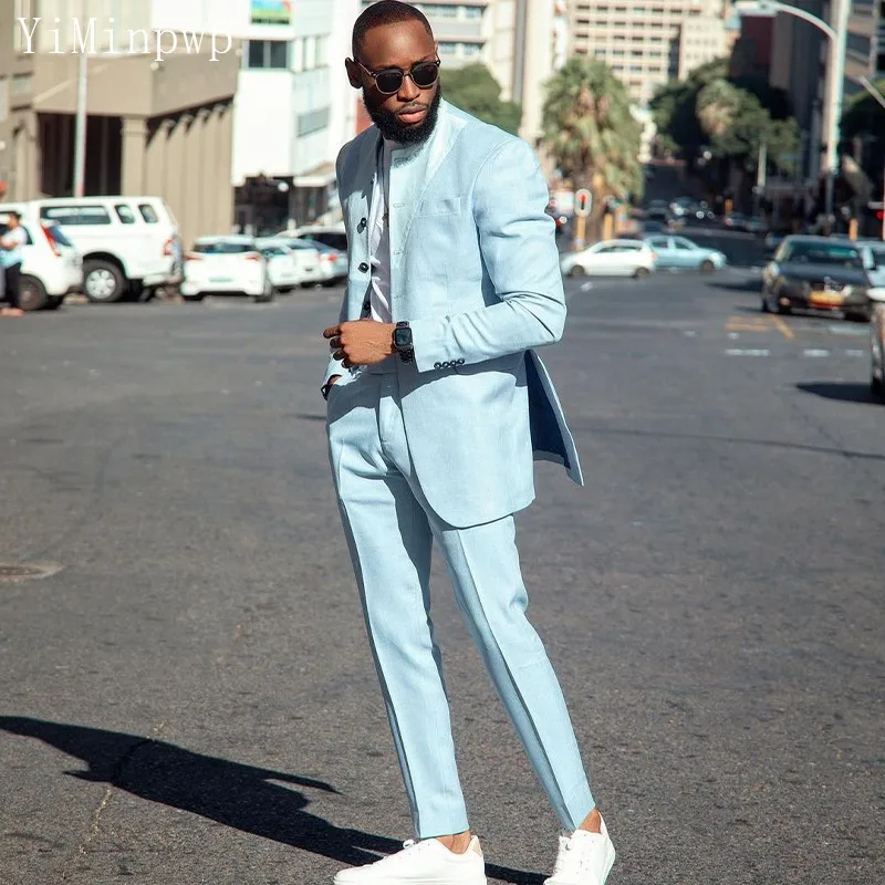 

Мужские костюмы небесно-голубого цвета, комплект из 2 предметов, блейзер с двойной спинкой и круглым вырезом, свадебная одежда для выпускного вечера, мужские костюмы, мужская куртка + брюки