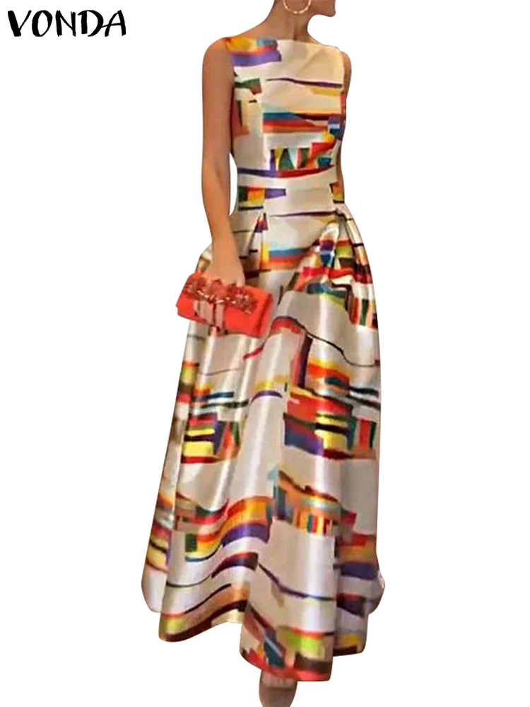 Длинное женское платье-макси с принтом без рукавов