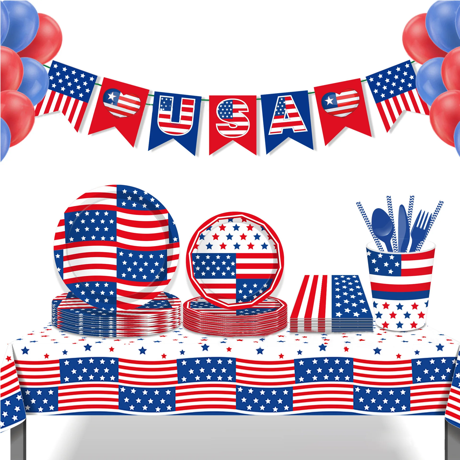 

Independence Day Ornament 4th Of July Patriotic Ball Party Decor Supplies National Day Tablecloths Plates Napkins Mugs Cutlery