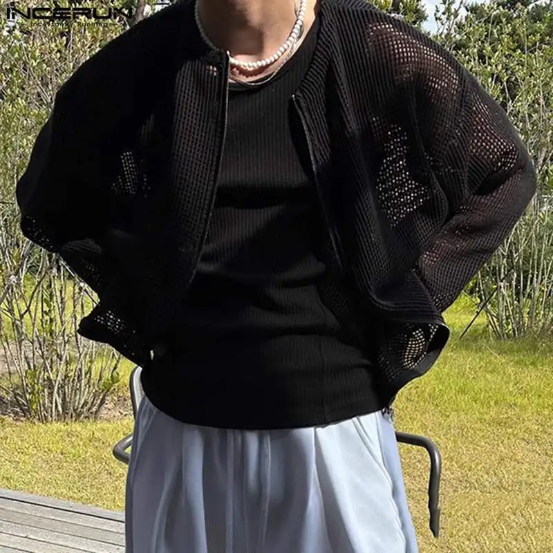 Рубашка INCERUN Мужская сетчатая Прозрачная с круглым вырезом и длинным рукавом на