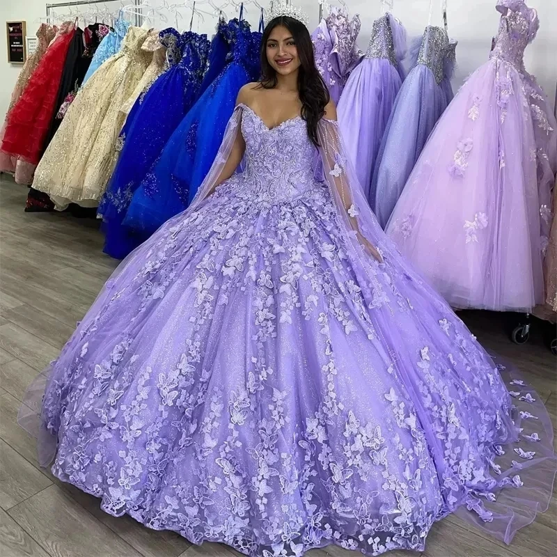 

ANGELSBRIDEP Luxury Glittering Lavender Quinceanera Dresses With Cloak Bow Off-Shoulder Vestidos De 15 Anos Birthday Party Prom