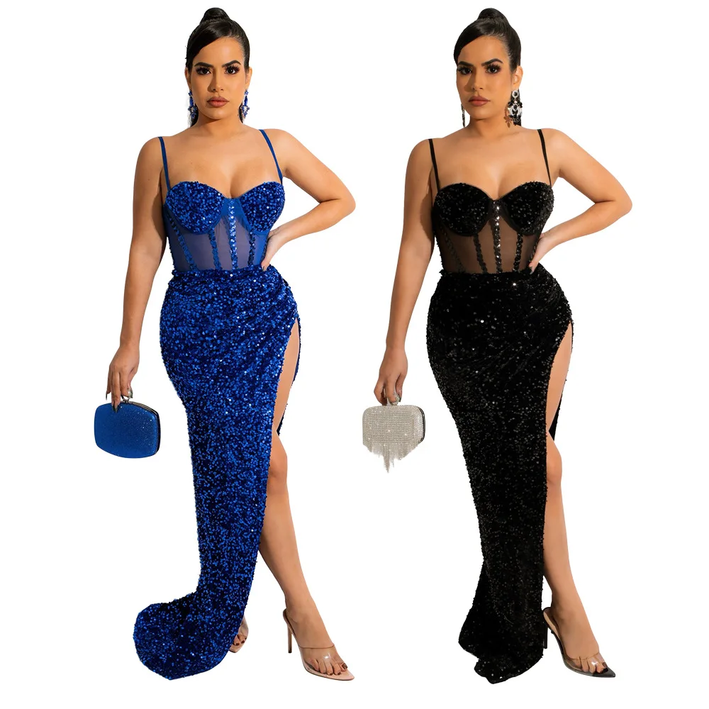 

Sexy Sequin Sheer Mesh Strapless Backless Party Club Maxi Long Dress Women Elegant Vneck High Split Evening Floor Length Dresses