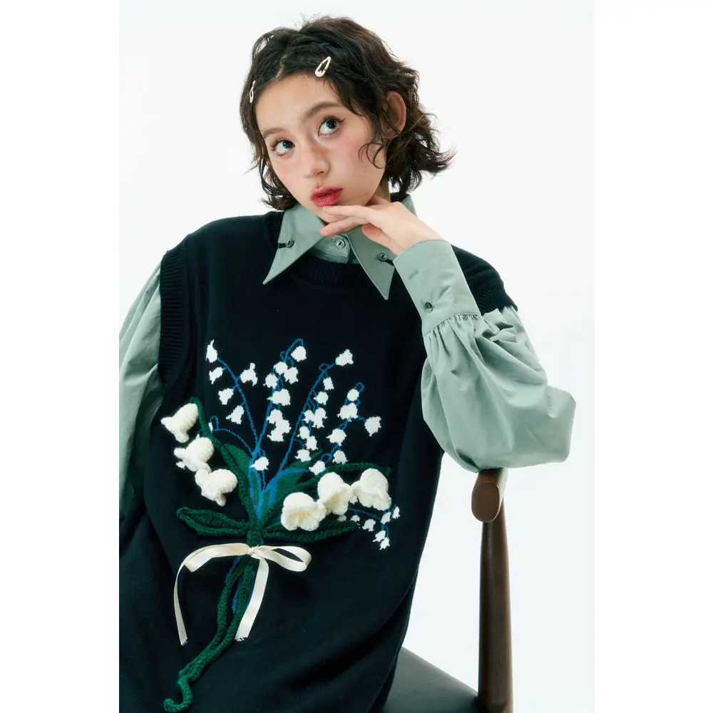 

Korobov Spring 3D Hook Flower Fashion Knitting Dress Solid Lapel Shirts Two Piece Set for Women Vintage Fashion Conjuntos Cortos