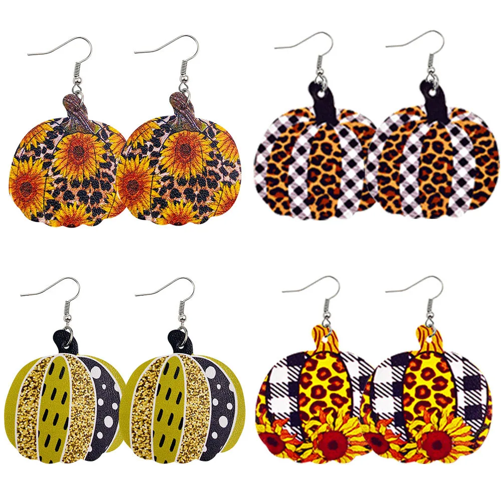 Leopard Sunflower Earrings For Women Faux Leather Earrings Holiday Round Pumpkin Stripe Earrings Jewelry Accessories Party Decor