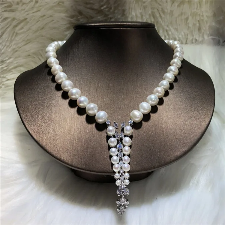 Hot sell new style 43cm 9-10mm white freshwater pearl necklace zircon accessories sweater chain  fashion jewelry