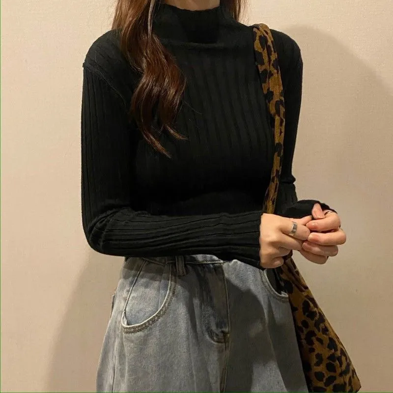 

Женский свитер, новая осенне-зимняя блузка с длинными рукавами и узким низом, свитер с высоким воротником