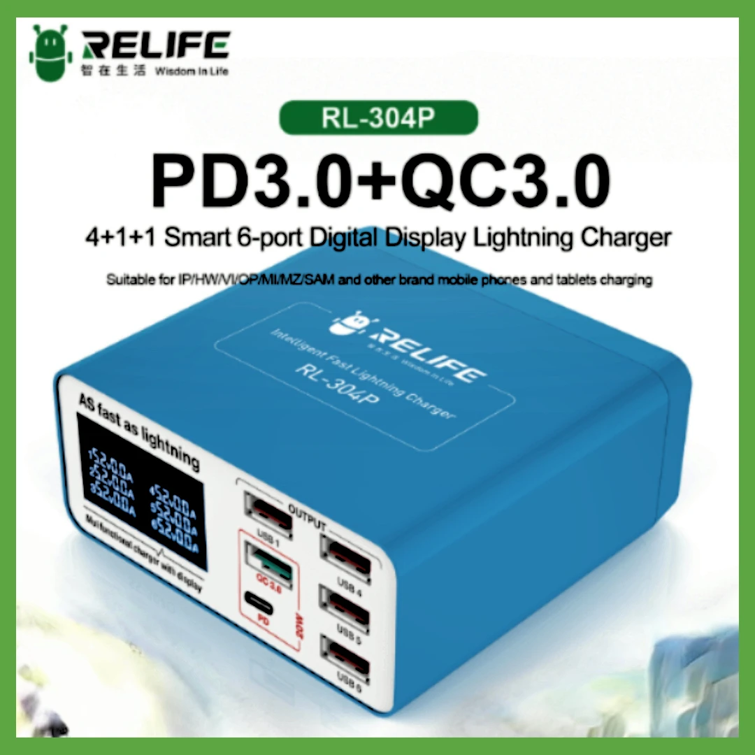 RELIFE RL-304P New Portable Smart 6-Port USB Digital Display Lightning Charger PD3.0+QC3.0 for Multiple Electronic Devices
