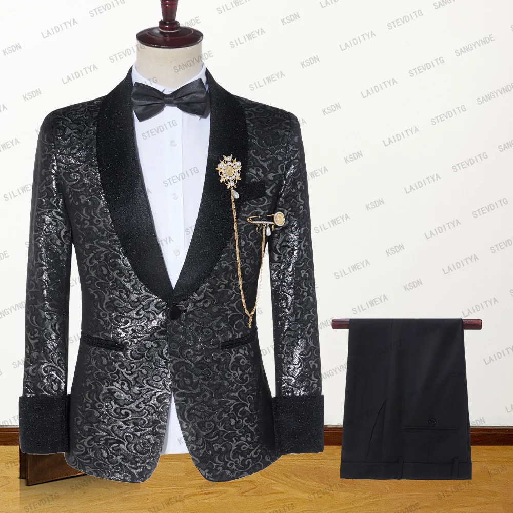 

Новинка 2023, черный Жаккардовый цветочный смокинг, мужские костюмы, индивидуальный однобортный атласный смокинг с отложным воротником для свадебного торжества, мужской выпускной
