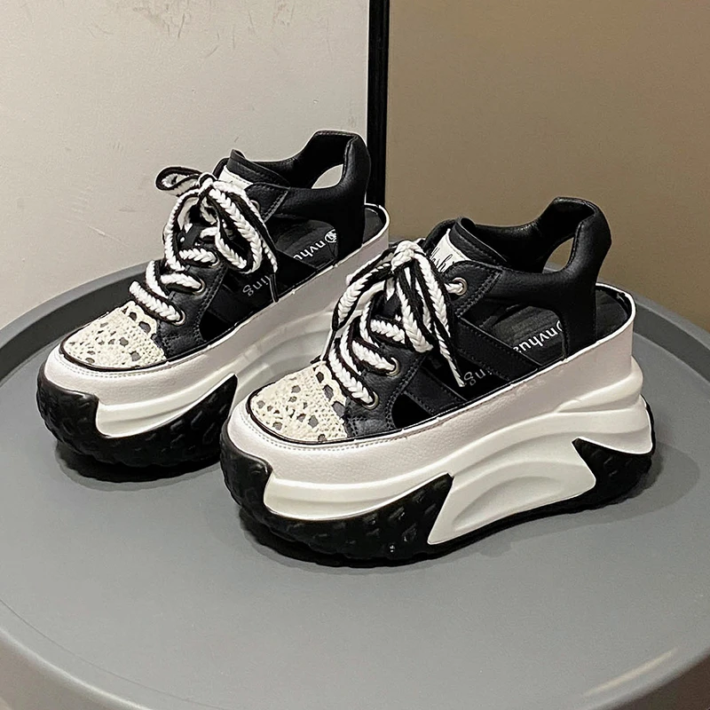 7CM Heels Women Gothic Thick Bottom Wedge Sandals Black Hollow Out Gladiator Sneakers Woman Punk Leather Chunky Platform Sandals