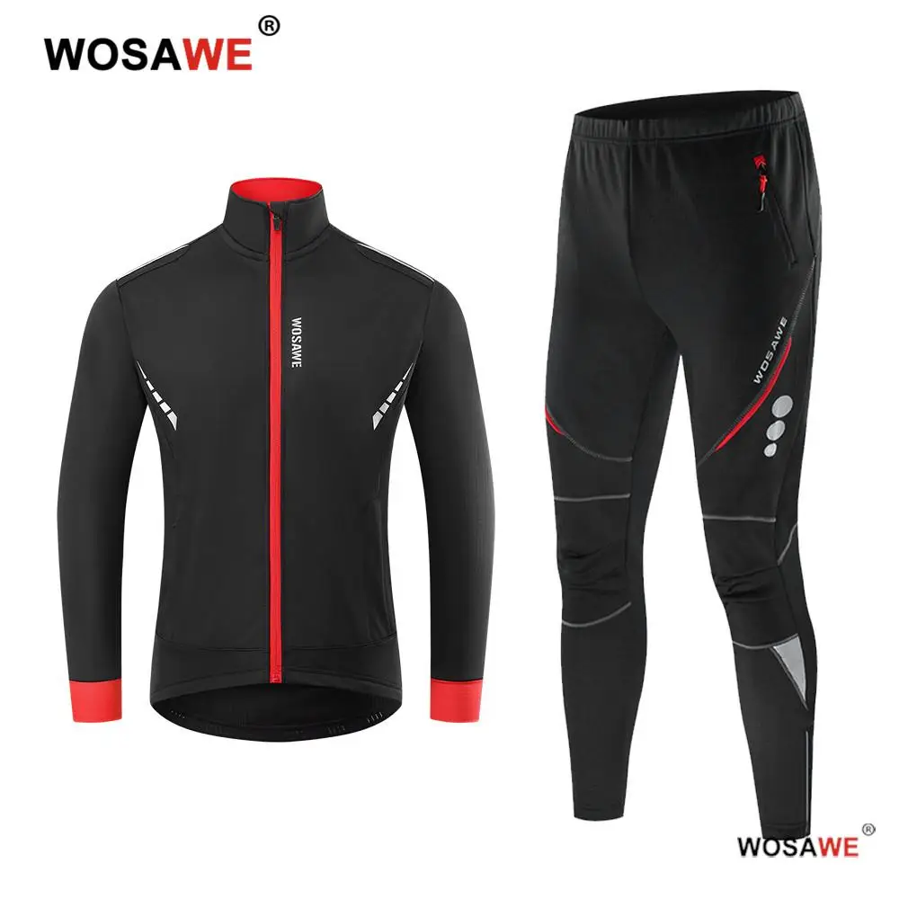 

WOSAWE Reflective Cycling Set Winter Thermal Fleece Motorcycle Bicycle Clothes Jacket Suit Windproof Warm Pant Sportswear