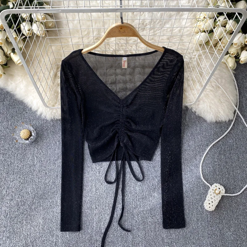 

Autumn and Winter Drawstring Ties V-neck Sequin Hollow Sun Protection Short Section Long-sleeved Chic Temperament Blouse