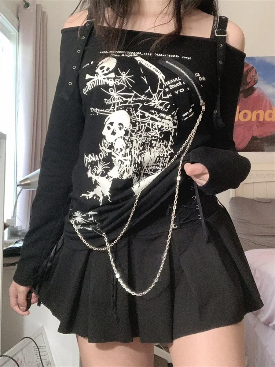 

wsevypo Goth Black Off-Shoulder Long Sleeve T-Shirt Grunge Punk Style Women Printed Straps Pullover Tees Harajuku Streetwear