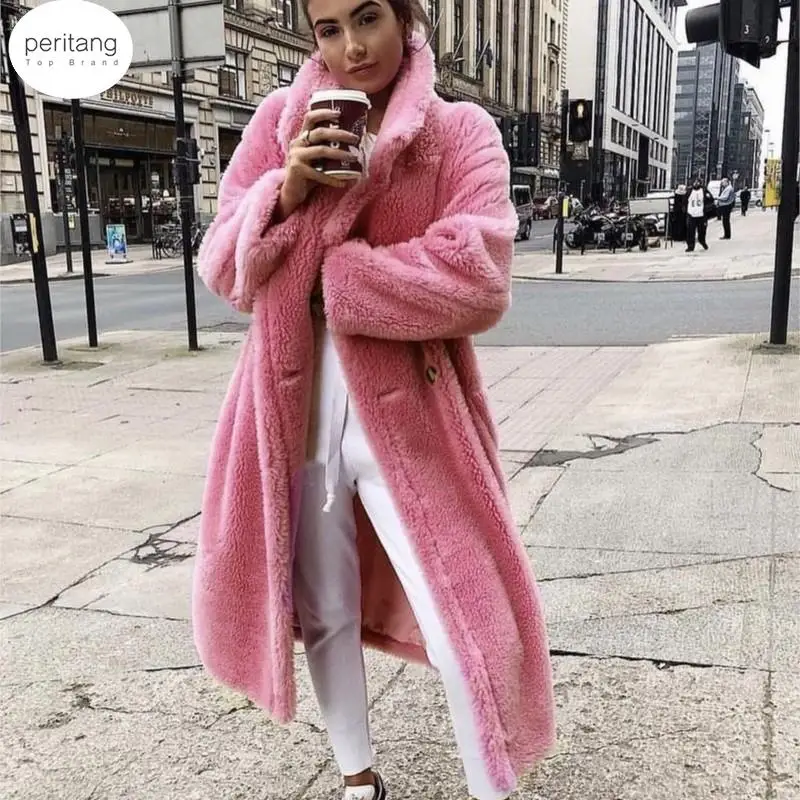 

Pink Long Teddy Bear Jacket Coat Women Winter 2023 Thick Warm Oversized Chunky Outerwear Overcoat Women Faux Lambswool Fur Coats