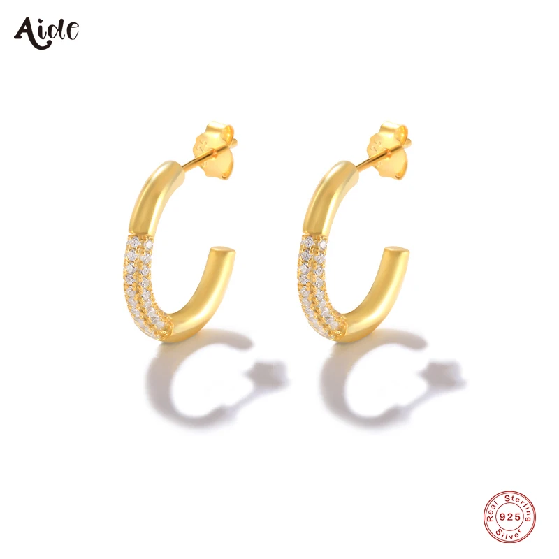 

Aide 925 Sterling Silver White Zircons Pave C Shape Open Circle Hoop Earrings For Women Luxury 18K Gold Plated Piercing Huggies