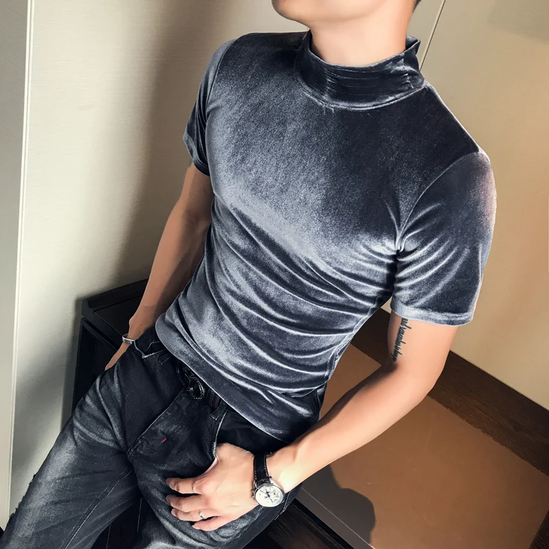 

T Shirt Men Fashion 2022 Summer Turtleneck Streetwear Mens T-Shirts Short Sleeve High Quality Velvet Tee Shirt Homme