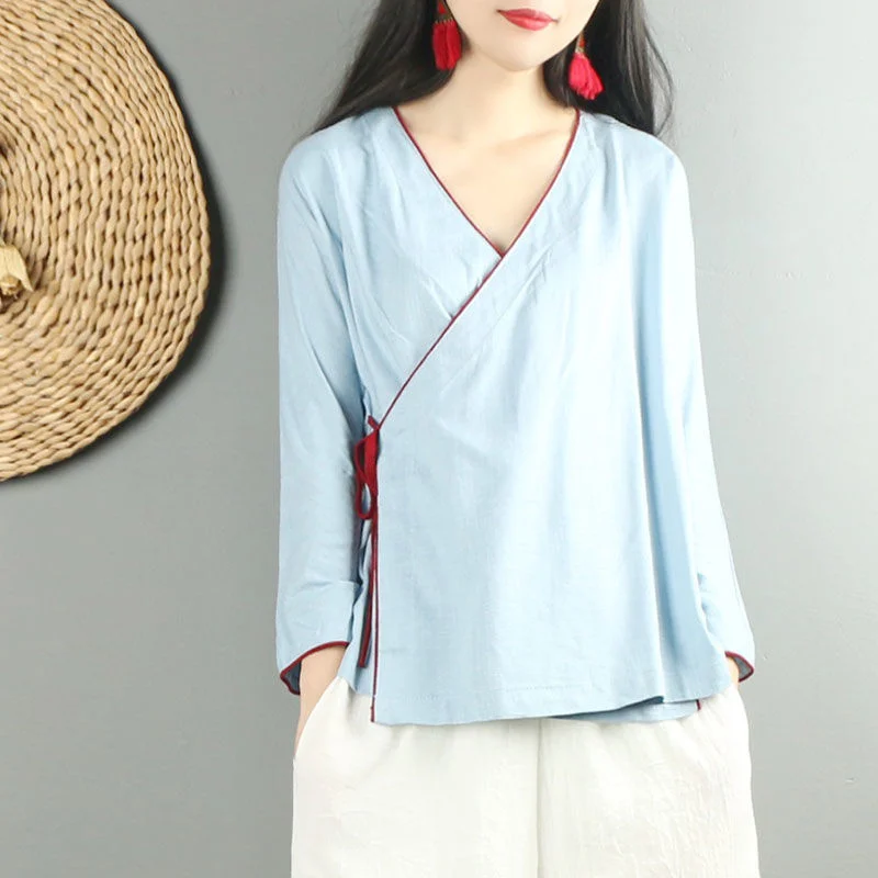 

Solid Color Chinese Style Retro Hanfu Loose Cardigan Women's Cotton Linen Literary Top Shirt Pants