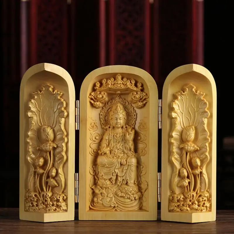 

Boxwood Wood Carved Decor Three Open Box Guanyin Guan Yu Ksitigarbha Three Holy Buddhas Craft Home Decoration Ornament Statue