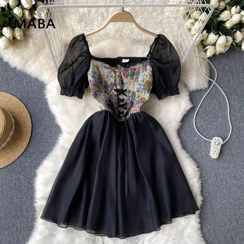 

Omen Za Dress Summer New Black Vintage Patchwork French Princess Mini A-line Dress Square Collar Puff Sleeve Lace-up Party Dress