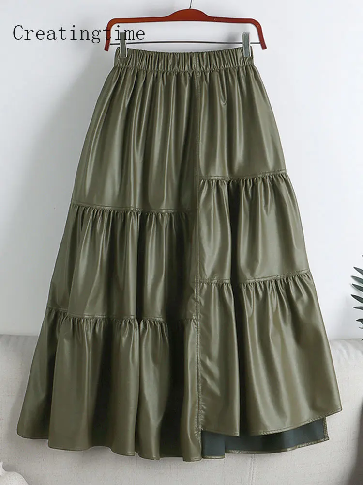 

Irregular PU Leather Skirt Women's Elastic Splicing High Waist Solid Color Style Female Fashion Clothing Autumn Winter New 1A547
